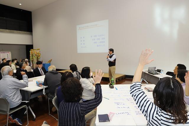 白い壁に投影されたこれまで元気にこれた理由に関する文章について説明する男性と説明を受け挙手をする参加者の男女たちの写真