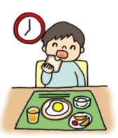 男の子が座り机の上のランチマットに目玉焼きなどの食事が並べられパンをかじっているイラスト