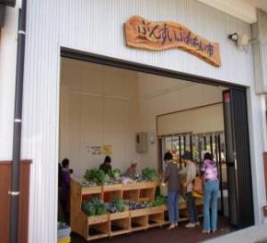 上下2段の棚か設置され色々な種類の野菜が並べられている「分水ふれあい市」の店内にお客さんが買い物に来ている様子を写している写真