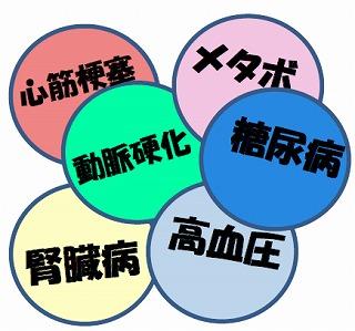 6個の円の中に心筋梗塞、メタボ、動脈硬化、糖尿病、腎臓病、高血圧と書かれたイラスト