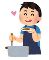 エプロンを付けた男性が鍋をお玉でかきまわしながら、右手に持った小皿で味見をしているイラスト