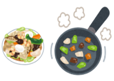 野菜のたっぷり入ったおかずがお皿に盛り付けられたイラストとフライパンの上に野菜とお肉が炒められているイラスト