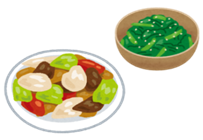 野菜が沢山入っているおかずと緑の野菜のお浸しのイラスト