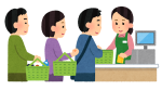 レジで会計を行っている店員の女性と、その後ろに並んでいる買い物かごを持った客たちのイラスト