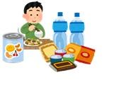 ペットボトル、缶詰等の食品の後ろで食事をしている男性のイラスト