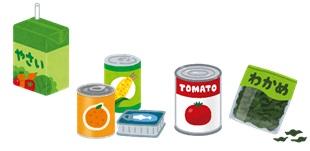 パックジュース、缶詰、乾燥わかめ等の食品が並んでいるイラスト