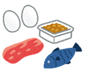 卵、納豆、肉、魚の食品が並んでいるイラスト