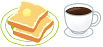2枚のトーストが乗ったお皿と、コーヒーの入っているカップが並んでいるイラスト