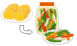 沢庵から、瓶詰めの酢漬けの食品に矢印が向かっているイラスト