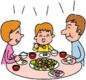 笑顔で食卓を囲んでいる家族のイラスト