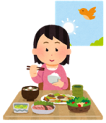 窓を背に、主菜と副菜のバランスがとれた食事をしている女性のイラスト