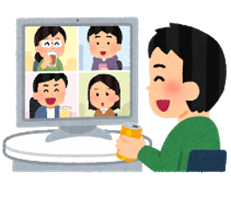 人が映っているモニターに向かって、笑顔で飲み物を飲んでいる男性のイラスト