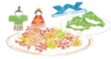 ひな人形、兜、柏餅、大皿料理が並んでいるイラスト