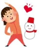 ストレッチをしている女性と、雪だるまと、ハートのイラスト