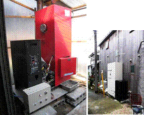 新越金網株式会社の木材を燃料として使用した蒸気ボイラーの写真
