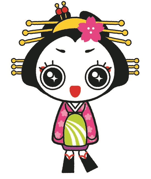 ピンクの着物に黄緑の帯を巻き金色の髪飾りと桜の葉を召したきららんのイラスト