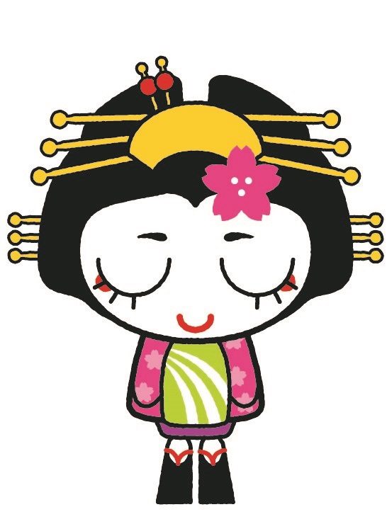 ピンクの着物に黄緑の帯を巻き金色の髪飾りと桜の葉を召しお辞儀をするきららんのイラスト