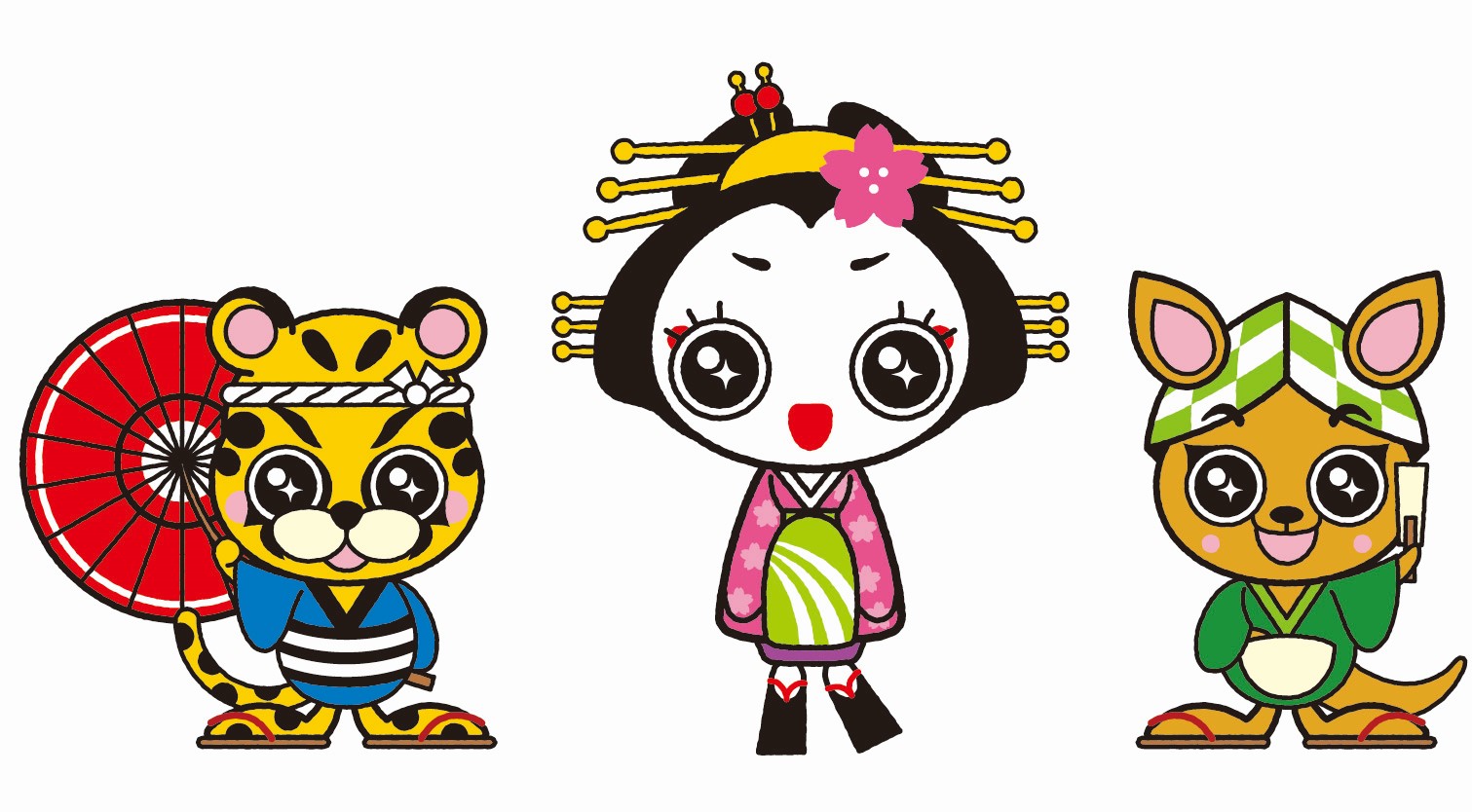 左からかさもちーたー、きららん、ほうかんがるーの3人がデザインされたイラスト