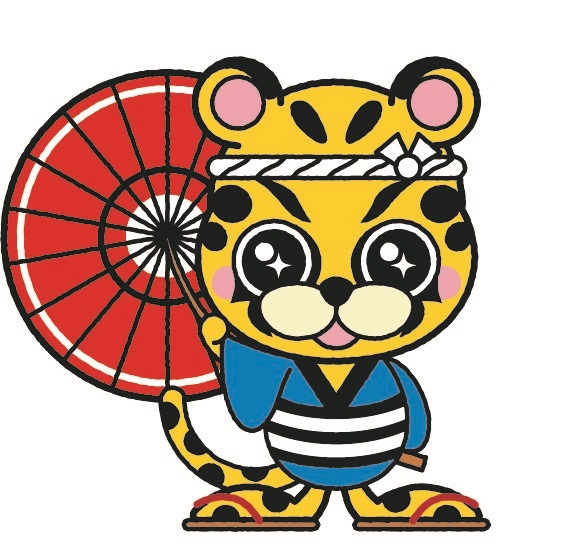 青い法被に赤い傘を持ったかさもちーたーのイラスト