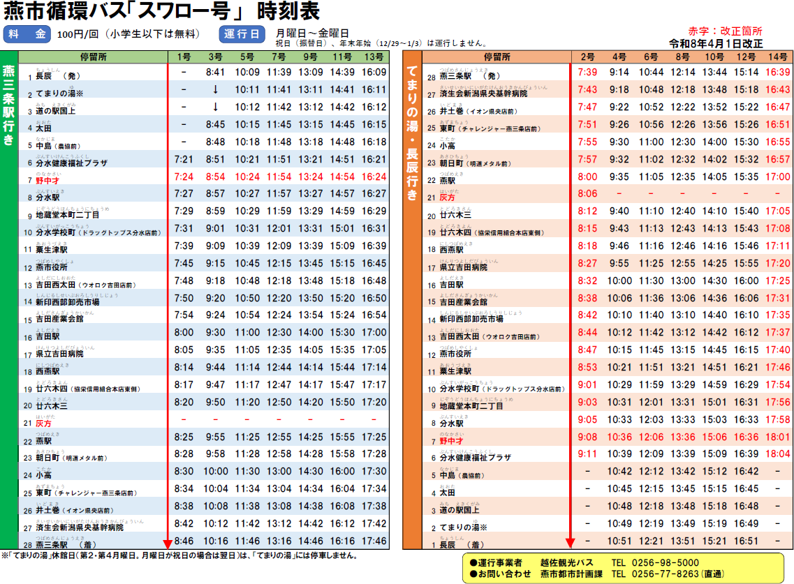 燕市循環バス「スワロー号」時刻表(令和8年4月1日改正)