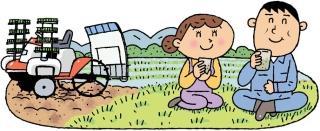 農業機械の前に座りお茶を飲む男女のイラスト