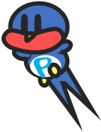 おなかに「P」の文字が描かれたつばめのキャラクターのイラスト