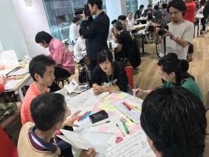 机の上に紙や筆記用具を広げて話し合いをする人たちの写真