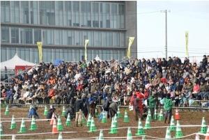カラーコーンで区切られた会場と参加者たちの写真