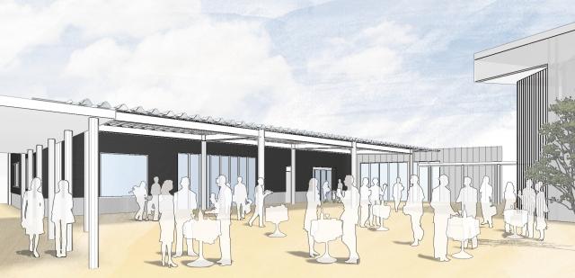 平屋の建物の外で、テーブルを囲んだ人たちが談笑しているイメージのイラスト