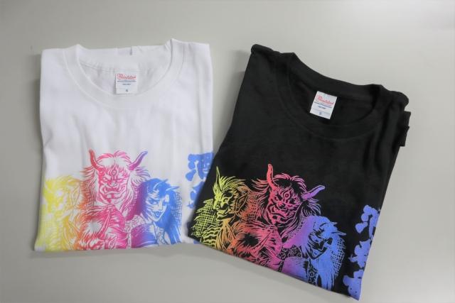 酒吞童子行列のイラストがプリントされた白黒2パターンのTシャツの写真