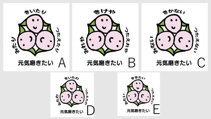にこっちのイラストと元気磨きたいのキャッチコピー「A: みたり、きいたい、つたえたり」、「B:みれや、きけや、つたえれや」、「C:みない、きかない、つたえない」、「D:みたわ、きいたわ、つたえたわ」、「E:みたい、ききたい、つたえたい」