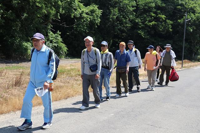 道路を一列になって歩いている男女8人のグループの写真