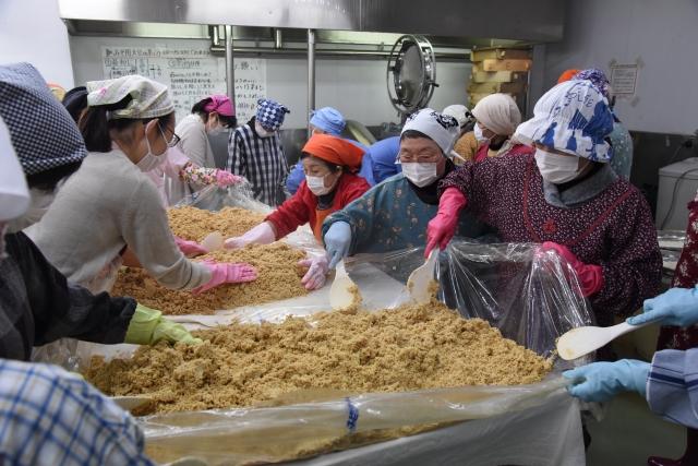 ビニールを張った机の上に大きく広げられた大豆と米麹と塩を、しゃもじと手を使って混ぜている女性達の写真