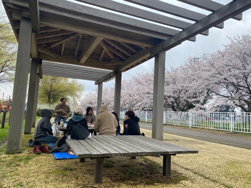 桜の下で昼食を食べながら交流中