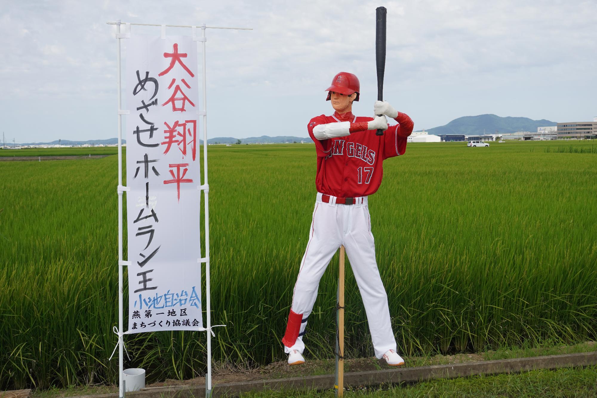 農道に並ぶ案山子