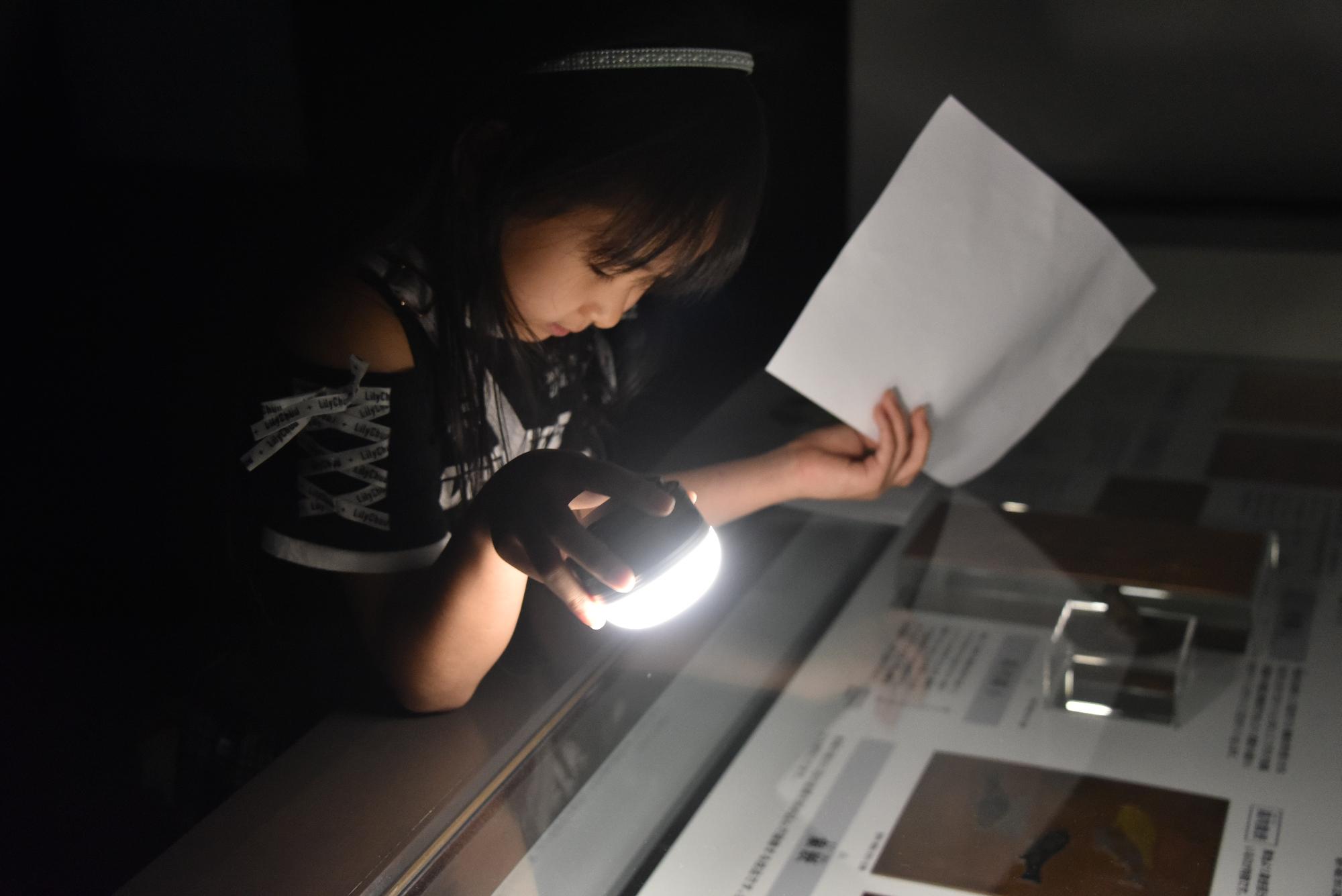 ライトを照らしながら作品を見ている様子
