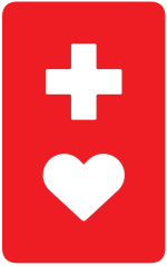 赤字に白い十字と白いハートを縦に並べたデザインのヘルプマーク