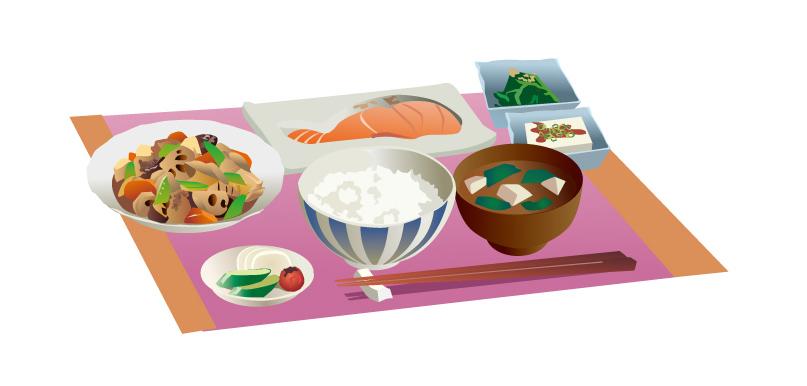 ご飯、みそ汁、鮭、豆腐などの和食のイラスト