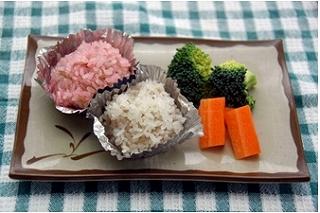 四角いお皿に蒸し野菜と一緒に盛り付けられた「紅白蒸しつくね」の写真