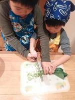 小さい男の子を手伝いながら、男の子二人で野菜をざく切りしている写真
