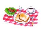 ピンクと白のチェック柄のテーブルクロスの上に並べられたコーヒー、トースト、ゆで卵、サラダのイラスト