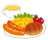 スープとお皿にソーセージと卵、トマト、野菜、ロールパンが盛り付けられたイラスト