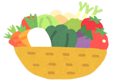 丸いかごにトマトや大根、人参、なすびなど沢山の野菜が入っているイラスト