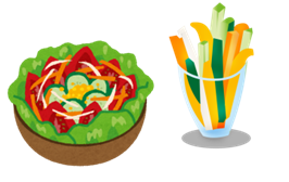 レタスやトマト、キュウリが盛り付けられたサラダとコップに入れられたスティックサラダのイラスト