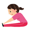 ピンクのトレーナーを着た女性が、座って足先に手を伸ばす運動をしているイラスト