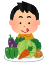 山盛りの野菜を前に、舌なめずりをしている男性のイラスト