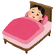ピンクの寝具に入った女性が、ぐっすり眠っているイラスト