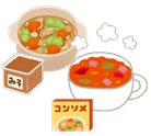 具沢山の鍋の汁物の横にみそ、カップに入った赤いスープの横にコンソメが置かれているイラスト