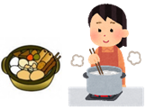 様々な食材が入ったおでんの鍋と、鍋を箸でかき回している女性が並んでいるイラスト