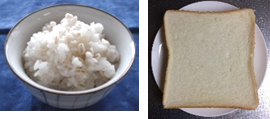 左から、茶碗に入った白いご飯、食パンが並んでいる写真